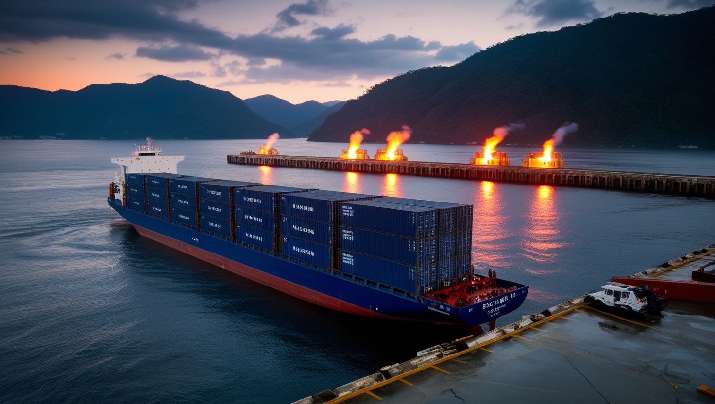 Sedan premium dimuat ke pengangkut RORO di Port Klang menuju Bintulu Sarawak — pencahayaan subuh