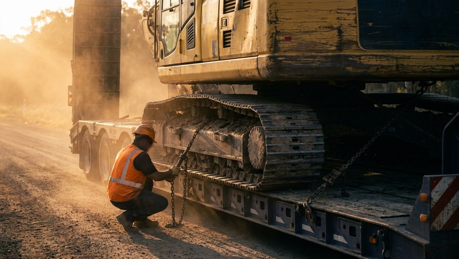 Excavator track kuning diikat ke kapal RORO di Port Klang — logistik industri sinematik