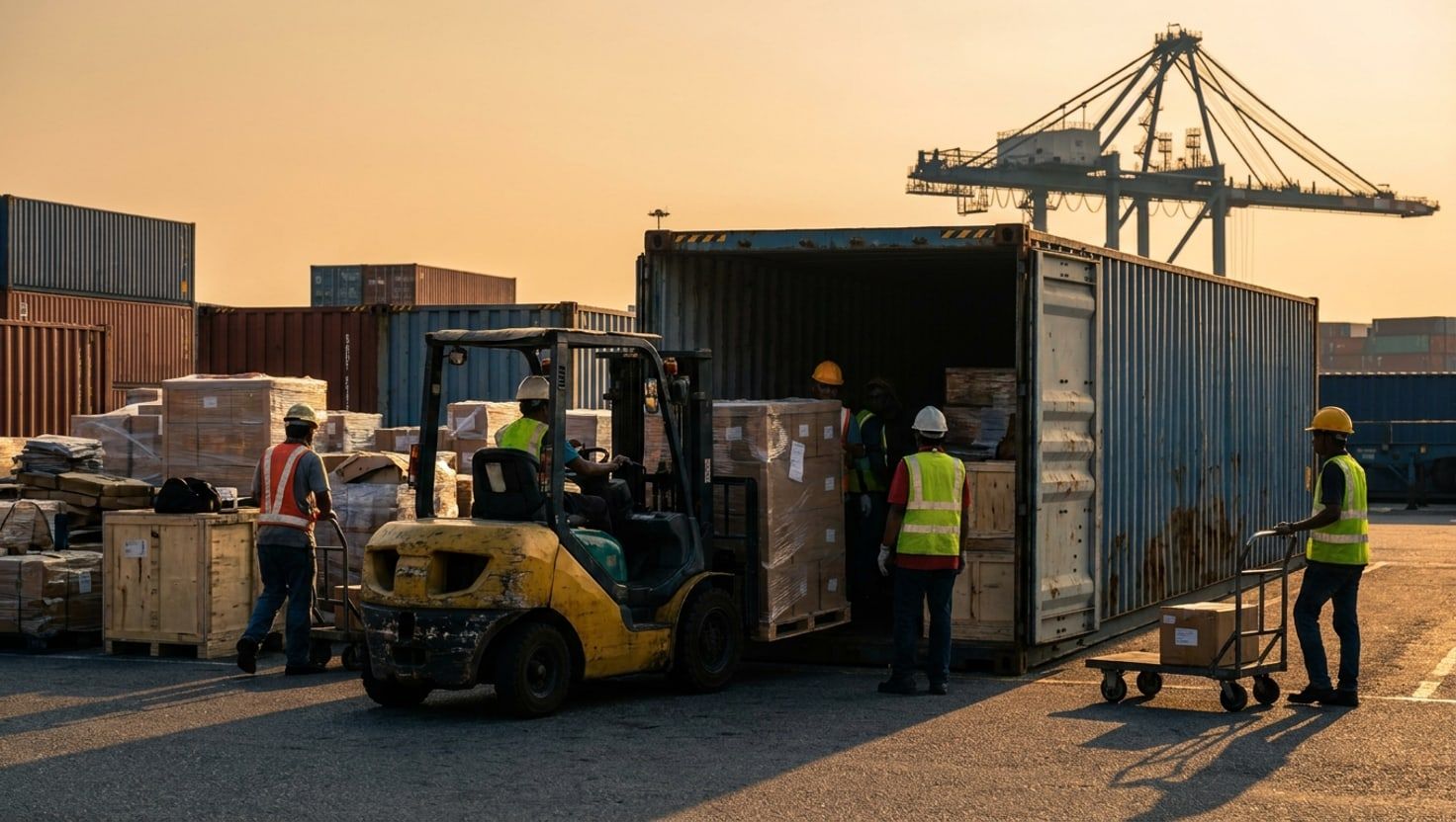 Pekerja pelabuhan memuatkan kotak kargo berpallet ke dalam kontena separuh terbuka menggunakan forklift di Port Klang