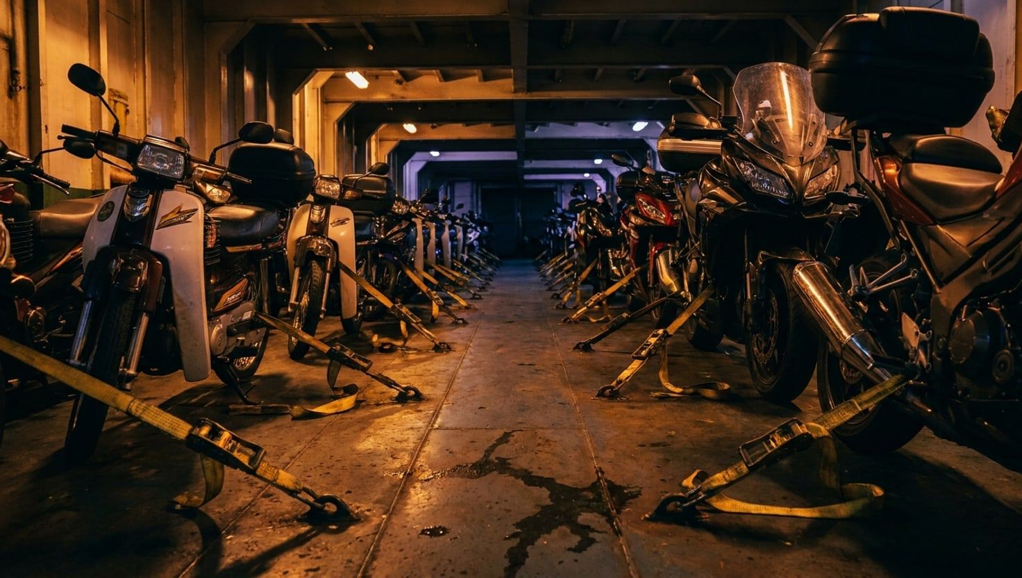 Motosikal adventure premium selamat untuk freight laut di Port Klang — pencahayaan senja sinematik