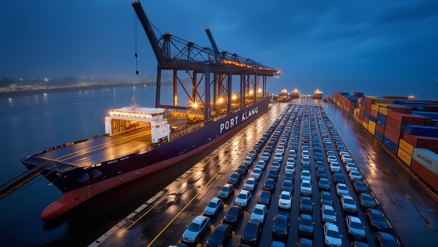 Foto sinematik kapal RORO Port Klang di waktu senja dengan kereta beratur untuk dimuatkan ke kapal ke Kuching