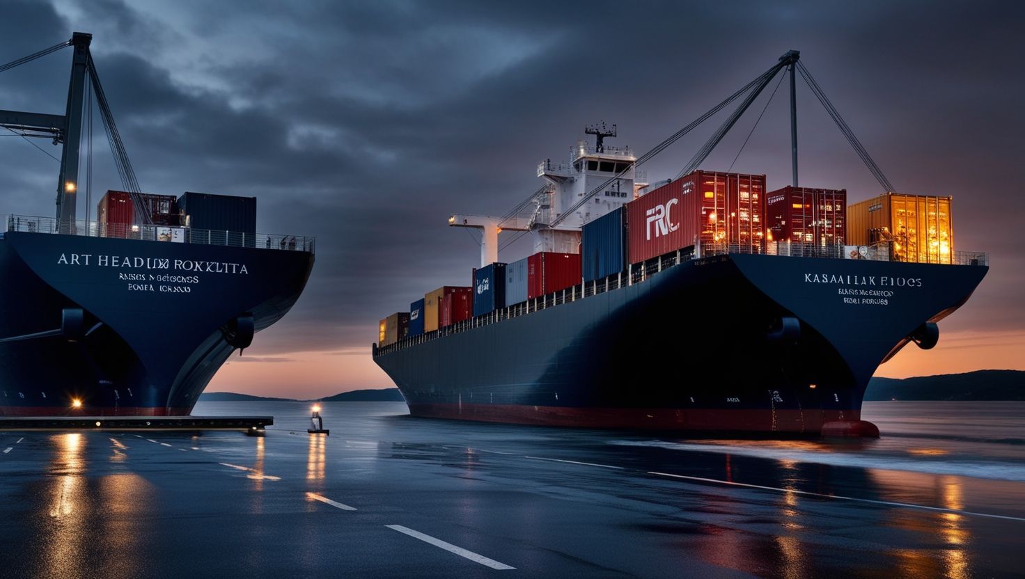 Kapal RORO dan kapal kontena di Port Klang waktu senja — perbandingan dua kaedah penghantaran kereta